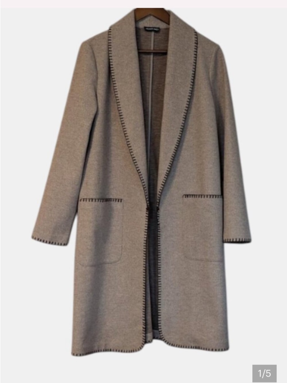 Hilary Radley Taupe Blanket Stitch Shawl Collar Long Coatigan Sweater Coat